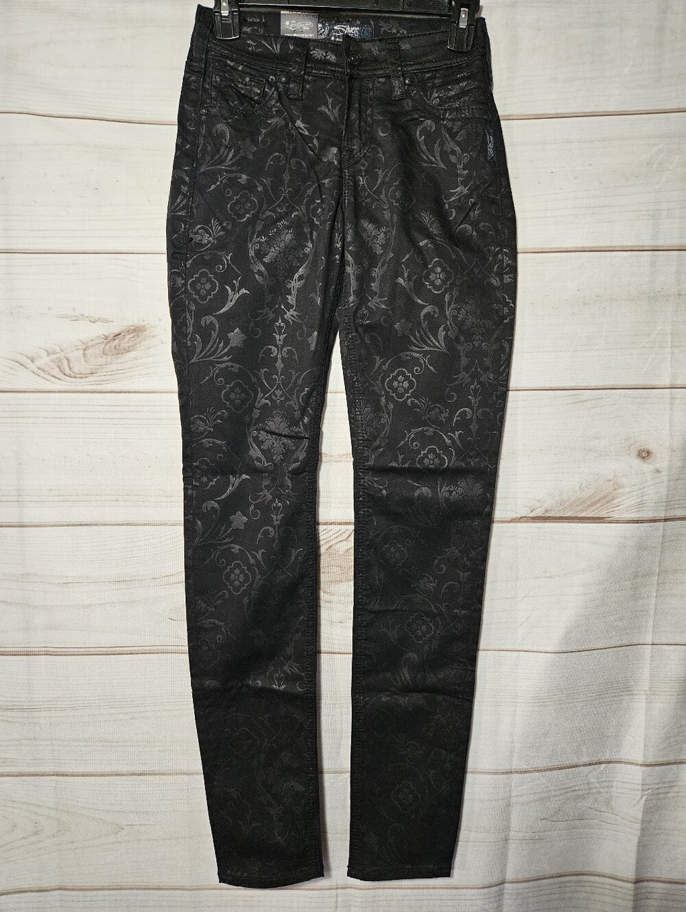 NWT Silver Jeans Co. Suki Mid Rise Super Skinny Dark Gilded Black Floral
